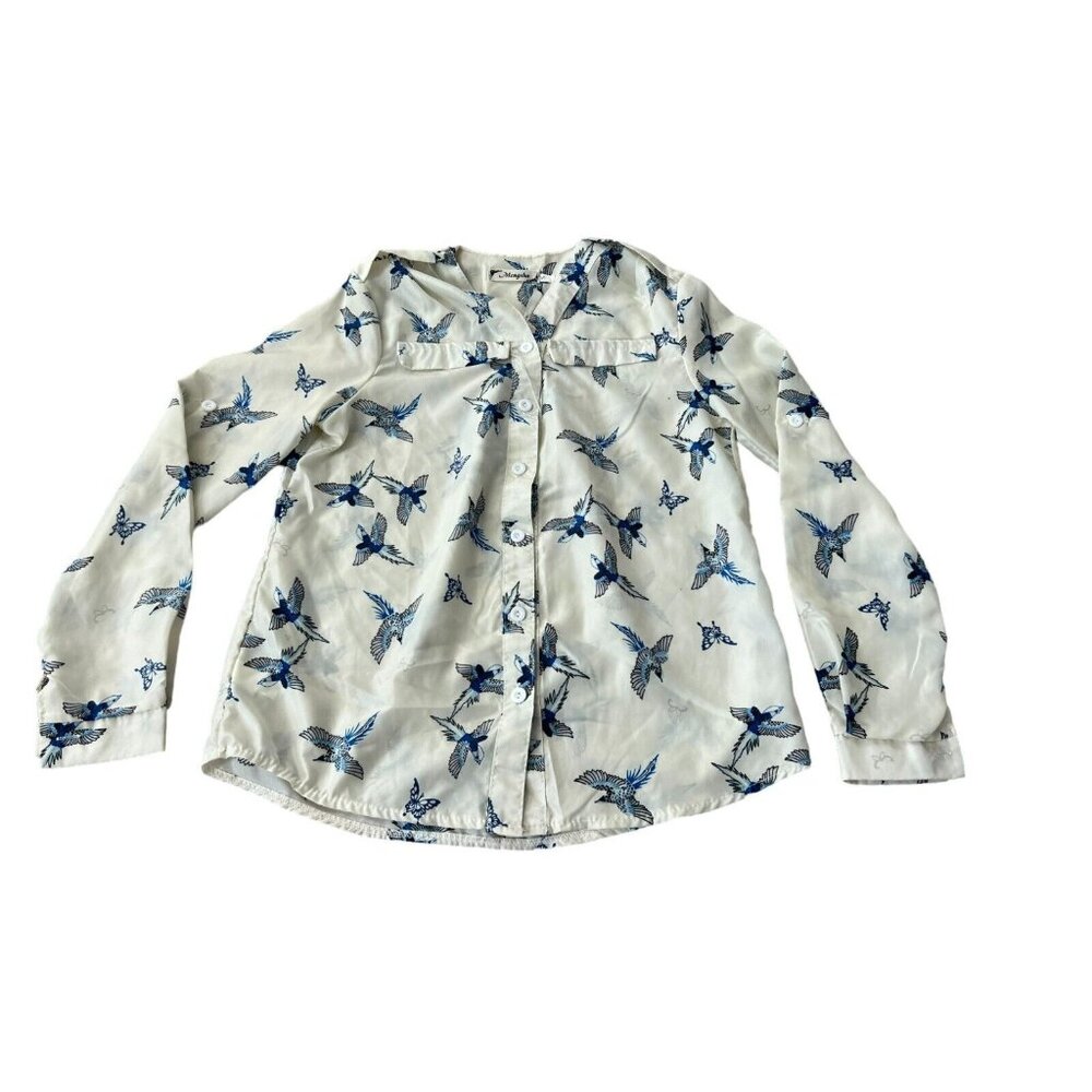 Blue Birds Long Sleeve Blouse Mengsha Womens Top Size Small